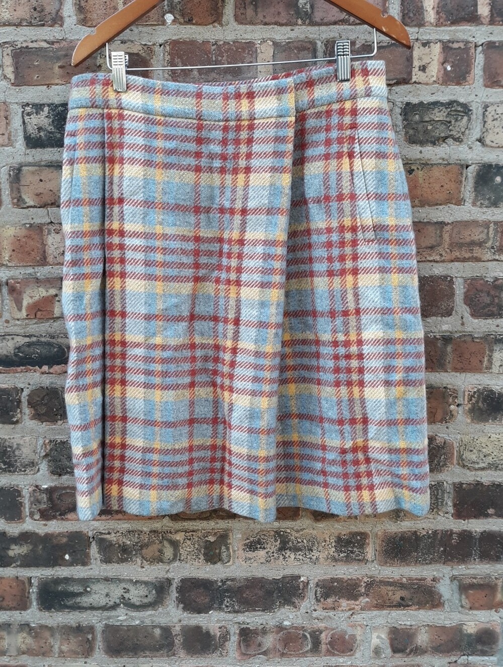 Charles Nolan New York Wool Blend Plaid Pleated A-Line Skirt Rust Blue 10
